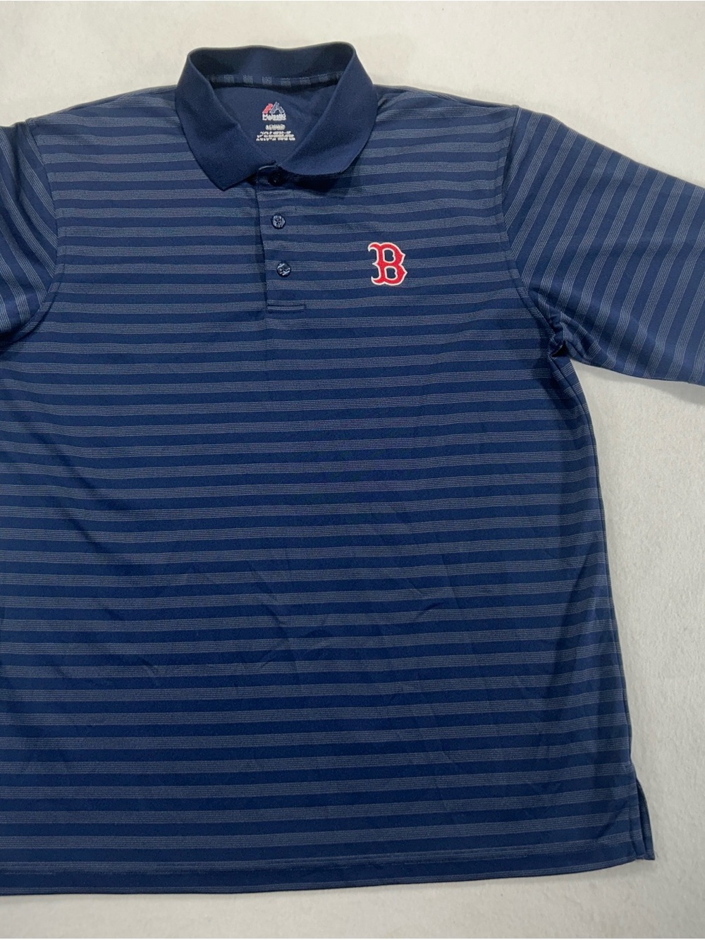 Boston Red Sox Majestic Polo Shirt Mens XL Navy Blue Striped MLB Embroidered